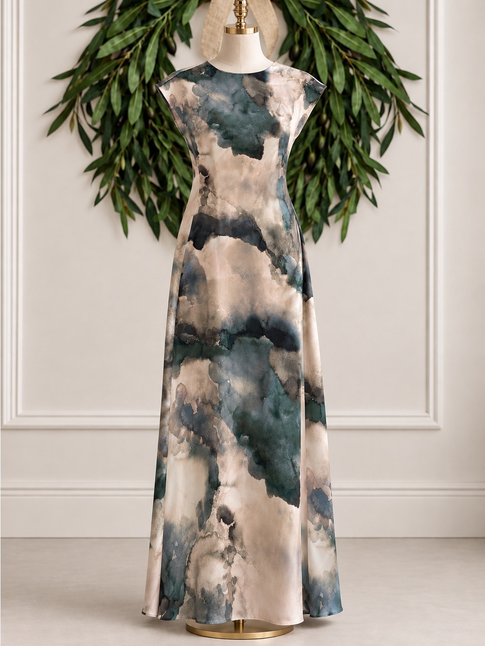 ZARA Watercolor Abstract Printed Maxi Dress Satin Teal Beige Gray Large